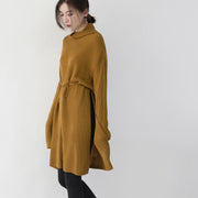 vintage yellow sweater dresses Loose fitting high neck side open long knit sweaters casual tie waist winter dress