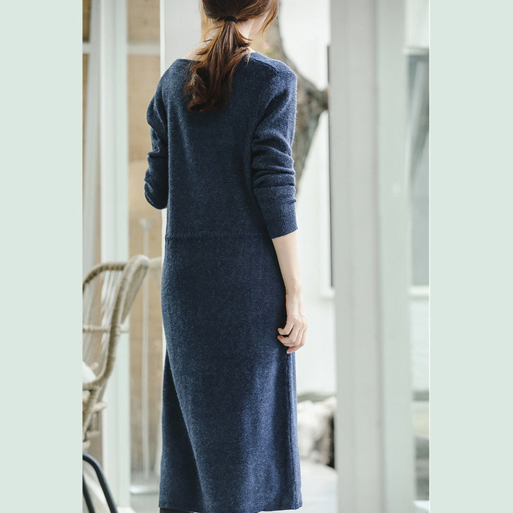 warm blue knit dresses fall fashion V neck long knit sweaters casual drawstring pullover sweater