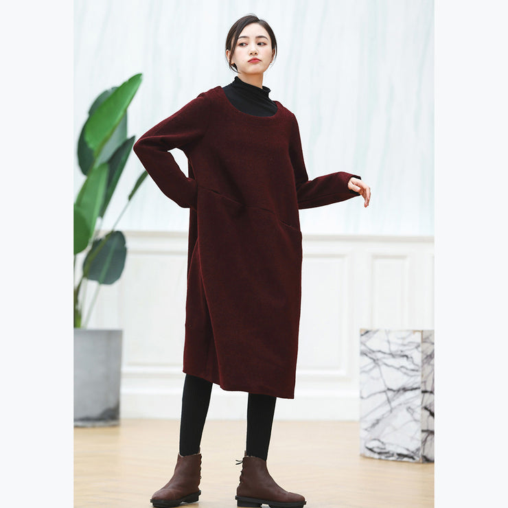 warm burgundy knit dresses oversized O neck sweater casual baggy dresses pullover sweater