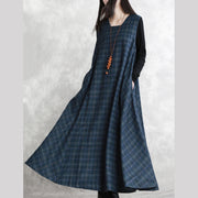 warm dark blue Plaid knit dresses Loose fitting Sleeveless patchwork dresses vintage Square Collar pockets pullover dresses