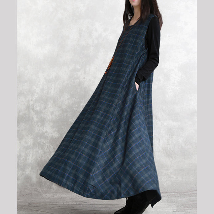 warm dark blue Plaid knit dresses Loose fitting Sleeveless patchwork dresses vintage Square Collar pockets pullover dresses