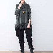 warm dark gray knit sweaters casual batwing sleeve knit sweat tops boutique tassel winter shirt