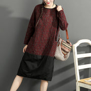 warm winter cotton outfits red prints casual plus size dresses patchwork o neck casual dress