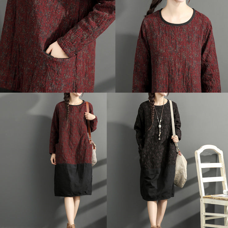 Warme Winter-Baumwoll-Outfits, rote Drucke, lässige Kleider in Übergröße, Patchwork-O-Ausschnitt, lässiges Kleid