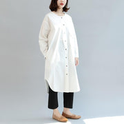 Weiße Baggy-Baumwollkleider, lockeres, lässiges, langärmliges Hemdkleid