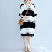 white black striped Midi-length cotton dress plus size linen cotton dress boutique low high design alphabet prints clothing