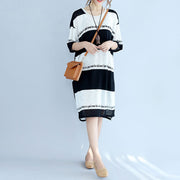 white black striped Midi-length cotton dress plus size linen cotton dress boutique low high design alphabet prints clothing