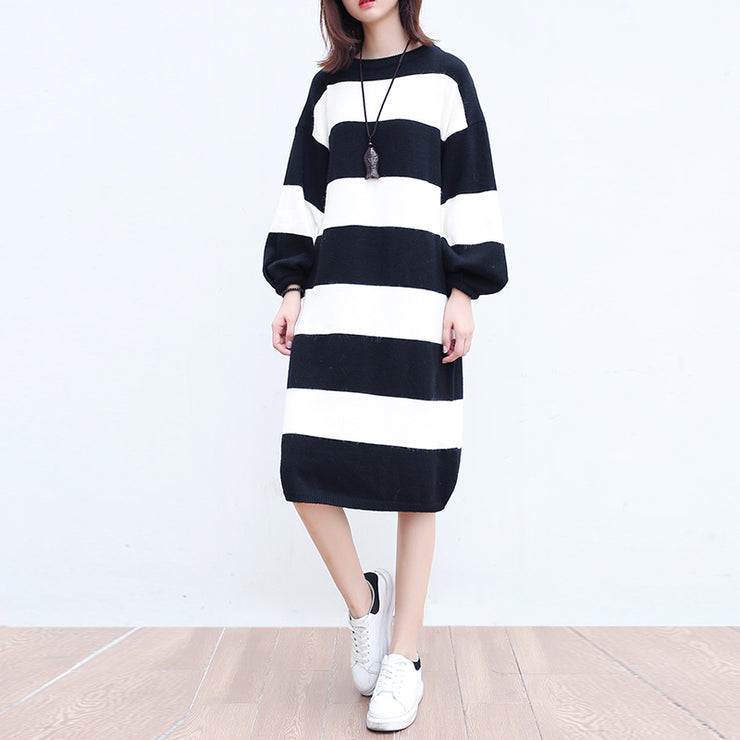 white black striped woolen cozy sweater dresses plus size casual women knit shift dress