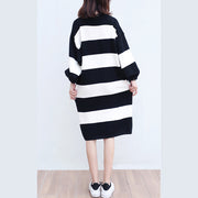 white black striped woolen cozy sweater dresses plus size casual women knit shift dress