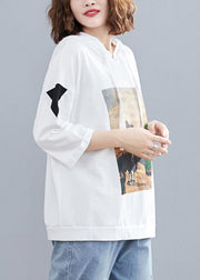 white casual prints hoode blouse women casual half sleeve tops - SooLinen