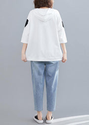 white casual prints hoode blouse women casual half sleeve tops - SooLinen