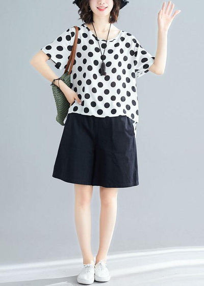 white dotted casual blended pullover and black elastic waist shorts - SooLinen