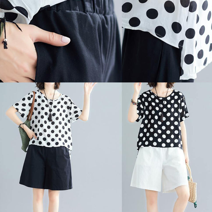 white dotted casual blended pullover and black elastic waist shorts - SooLinen