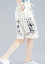 white embroidery blended loose pants casual elastic waist shorts - SooLinen