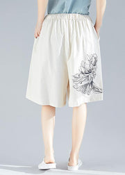 white embroidery blended loose pants casual elastic waist shorts - SooLinen