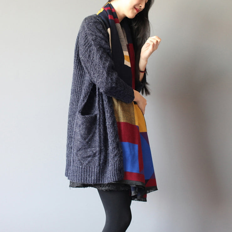 winter baggy loose navy woolen blended knit cardigans plus size pockets cable sweater coat