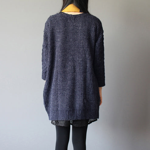 winter baggy loose navy woolen blended knit cardigans plus size pockets cable sweater coat