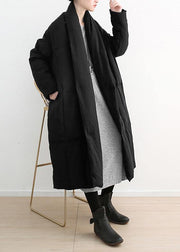 winter black retro thick white duck down jacket coat coat long paragraph knee - SooLinen