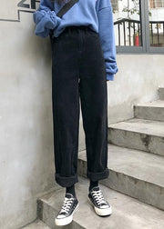 winter black wild trousers corduroy casual wide leg pants - SooLinen