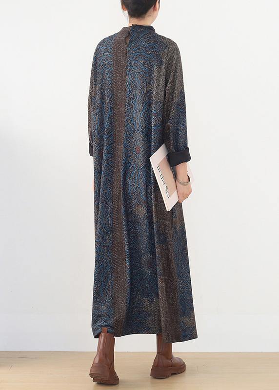 winter blue prints retro loose large size dress - SooLinen