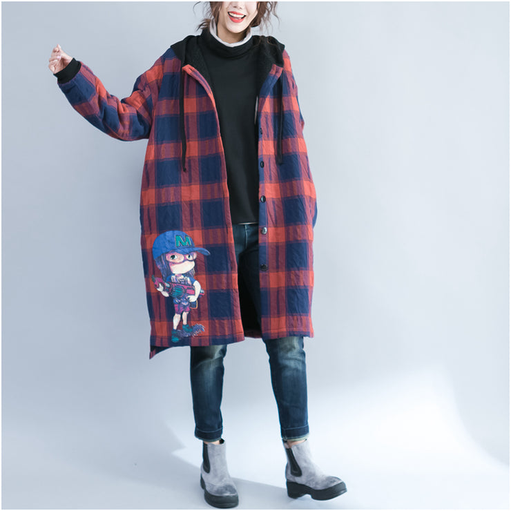 winter cartoon prints cotton cardigans plus size casual red grid thick hooded trench coats