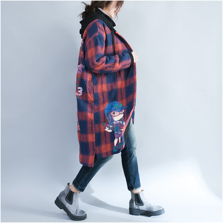 winter cartoon prints cotton cardigans plus size casual red grid thick hooded trench coats