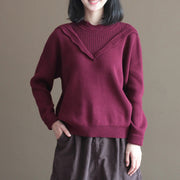 winter casual burgundy lace collar cotton sweater loose warm knit tops