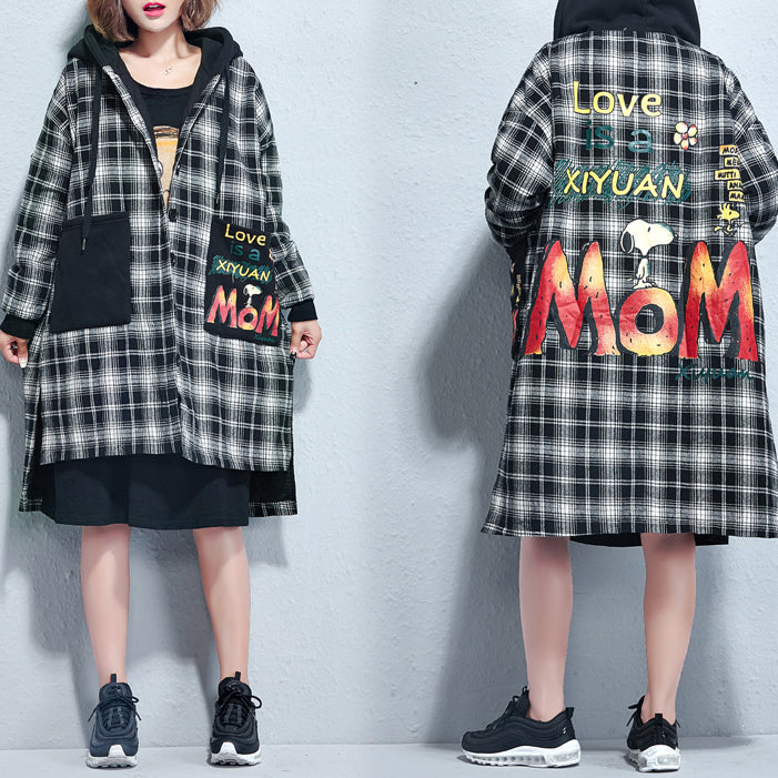 winter casual grid print cotton thick coats plus size hooded thick low high  cardigans
