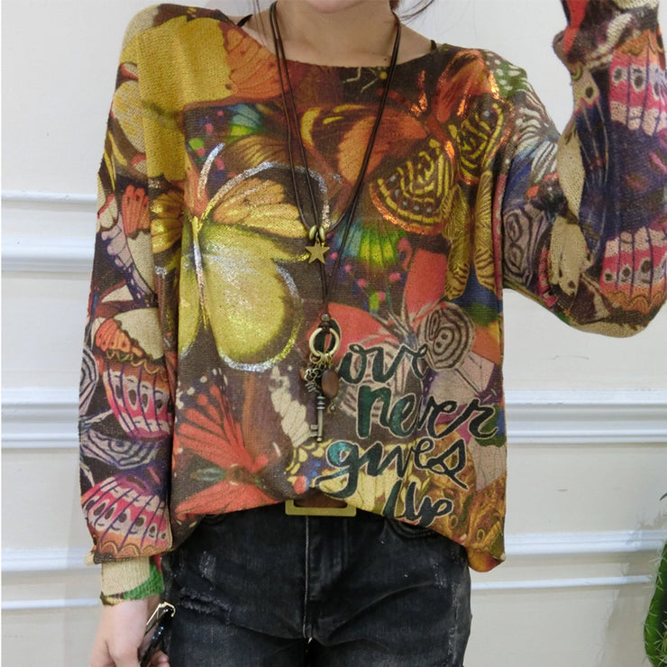 winter new alphabet butterfly print sweater oversize casual batwing sleeve knit tops