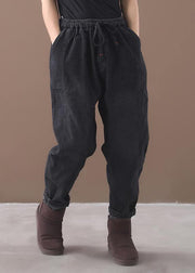winter new denim black loose pants drawstring thick women trousers - SooLinen