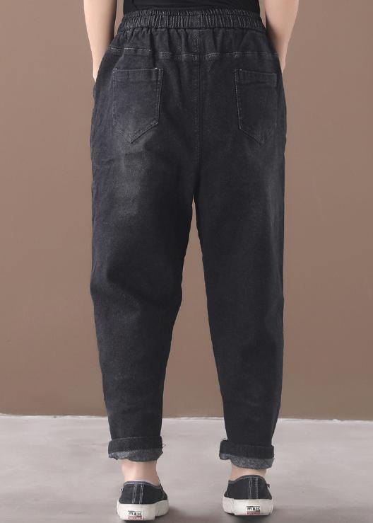 winter new denim black loose pants drawstring thick women trousers - SooLinen