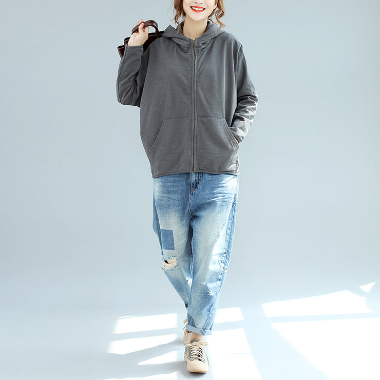 winter new gray zippered cotton coats hooded plus size casual short outwear