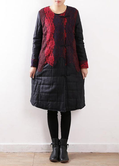 winter new original design women art disc buckle linen stitching lace thick padded jacket cotton coat robe - SooLinen