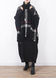winter original design plaid high neck knit tops oversize black tassel cloak - SooLinen