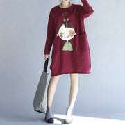winter red thick prints cotton dresses plus size long sleeve shift dress