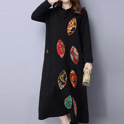Winter dicke schwarze Baumwollstickerei Kleider übergroßes Vintage Maxikleid