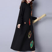 Winter dicke schwarze Baumwollstickerei Kleider übergroßes Vintage Maxikleid