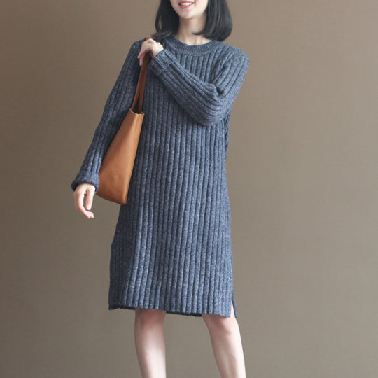 winter thick gray blue cotton knit casual dresses striped sweater dress