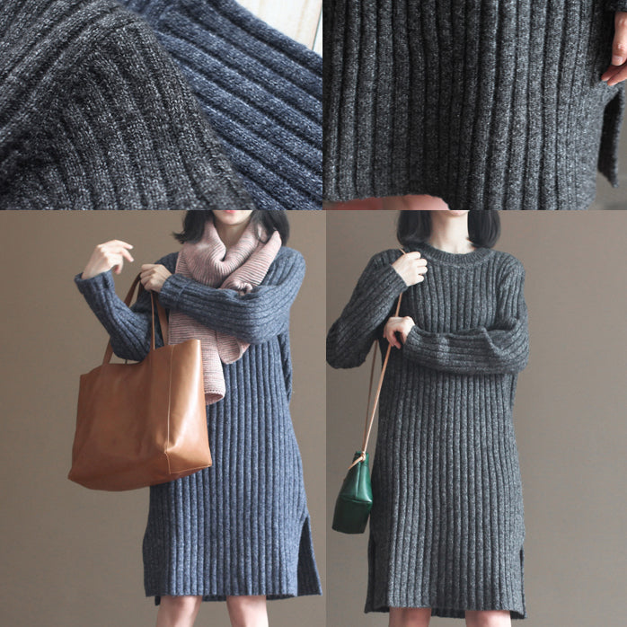 Winter dicke graublaue Baumwollstrick Freizeitkleider gestreiftes Pulloverkleid