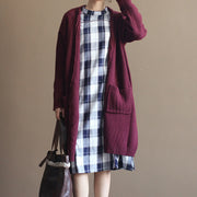 Winter-Weinlese-Pullover aus Baumwollmischung, Burgund, übergroße Taschen, Strickmantel