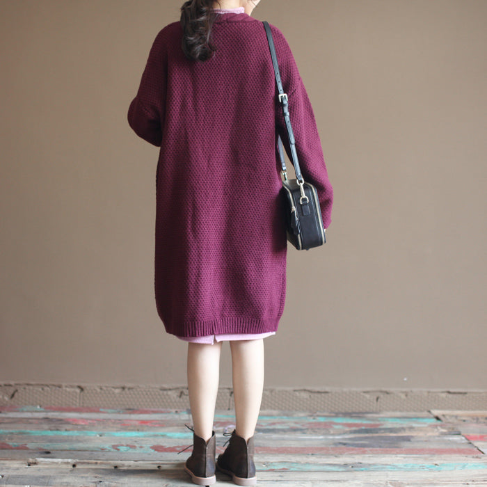 winter vintage cotton blended sweater cardigans burgundy oversize pockets wrap knit coat