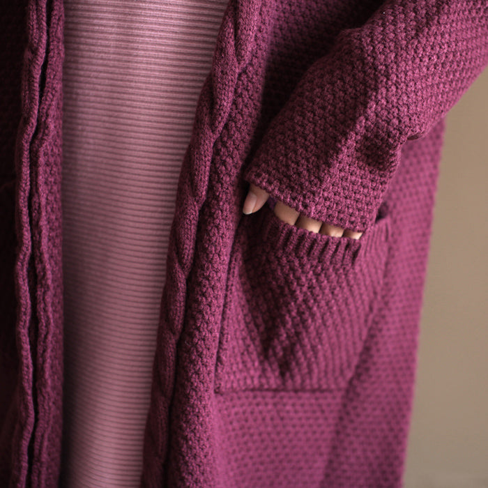 winter vintage cotton blended sweater cardigans burgundy oversize pockets wrap knit coat