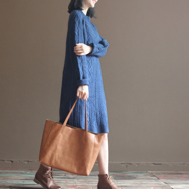 winter vintage dark blue cotton sweater dresses plus size cable knit casual dress
