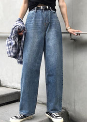 winter vintage denim blue pants high waist wide leg trousers - SooLinen
