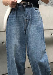 winter vintage denim blue pants high waist wide leg trousers - SooLinen