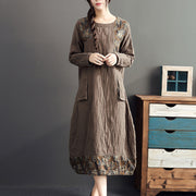 winter warm khaki prints patchwork cotton dresses linen plus size casual long sleeve thick dress