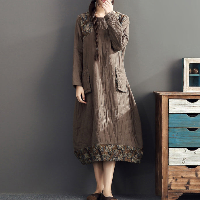 winter warm khaki prints patchwork cotton dresses linen plus size casual long sleeve thick dress