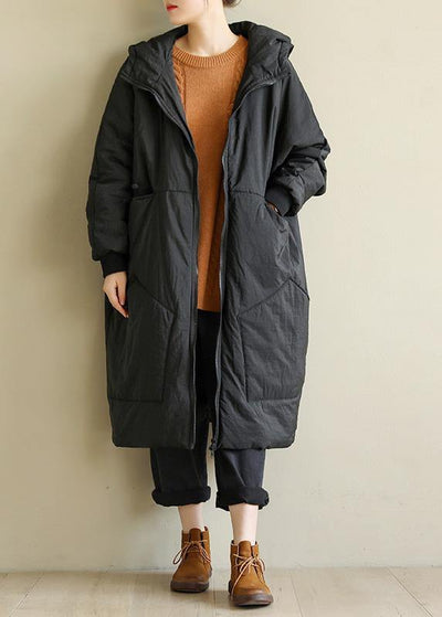 women Loose fitting down jacket big pockets winter coats black hooded winter parkas - SooLinen
