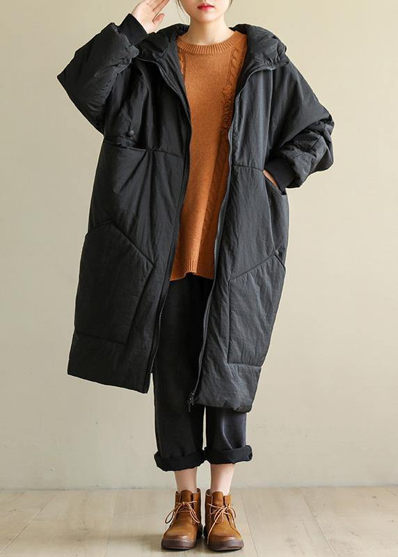 women Loose fitting down jacket big pockets winter coats black hooded winter parkas - SooLinen