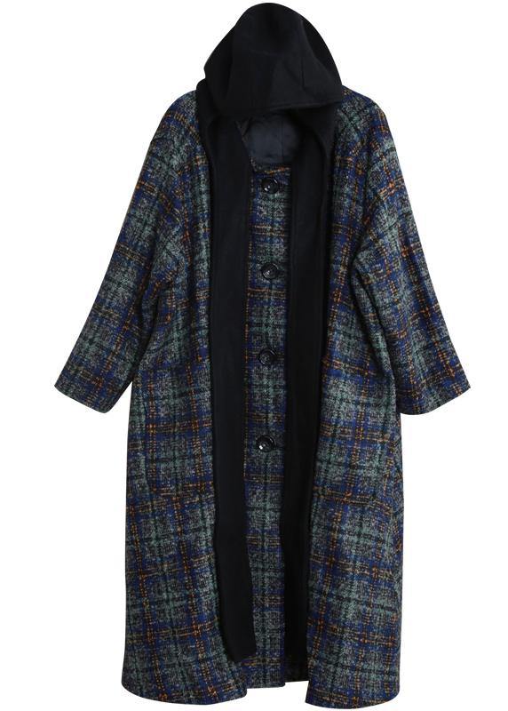 women Loose fitting long coats blue plaid hooded patchwork Woolen Coats - SooLinen